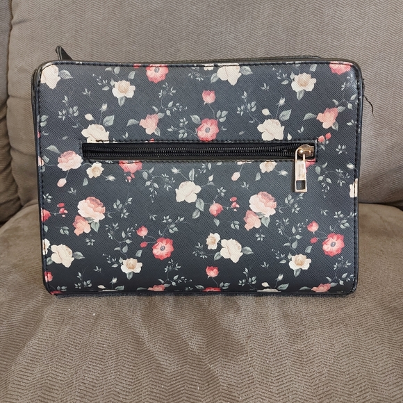 Black crossbody purse with red and white floral pattern and brown strap - Picture 2 of 4